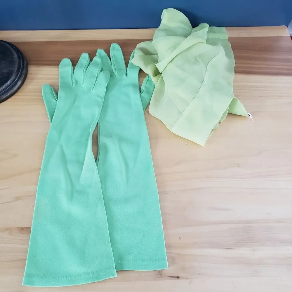 60s Green Elbow Length Gloves and‎ Silk(?) Scarf